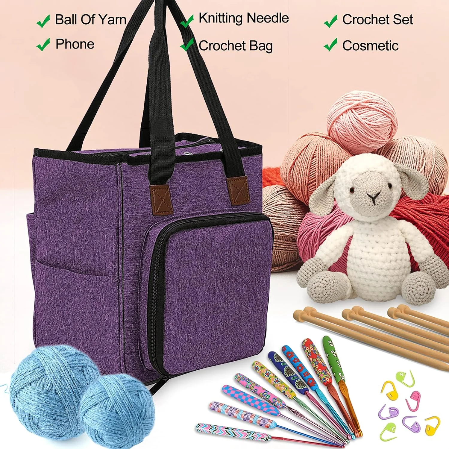 Purple Oxford Knitting Storage Bag &ndash; Portable Yarn Organizer for Needles, Craft & Sewing Supplies