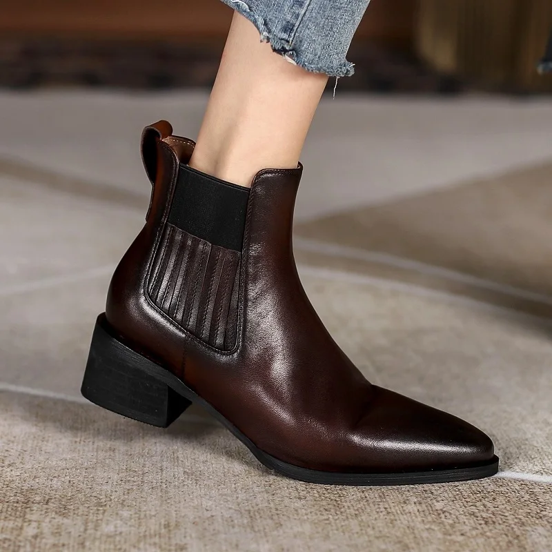 

Women Chelsea Boots Autumn Winter Classic Stylel Warm Ankle Boots Concis Warm Shoes Cow Leather Slip On Basic Shoes Med Heel