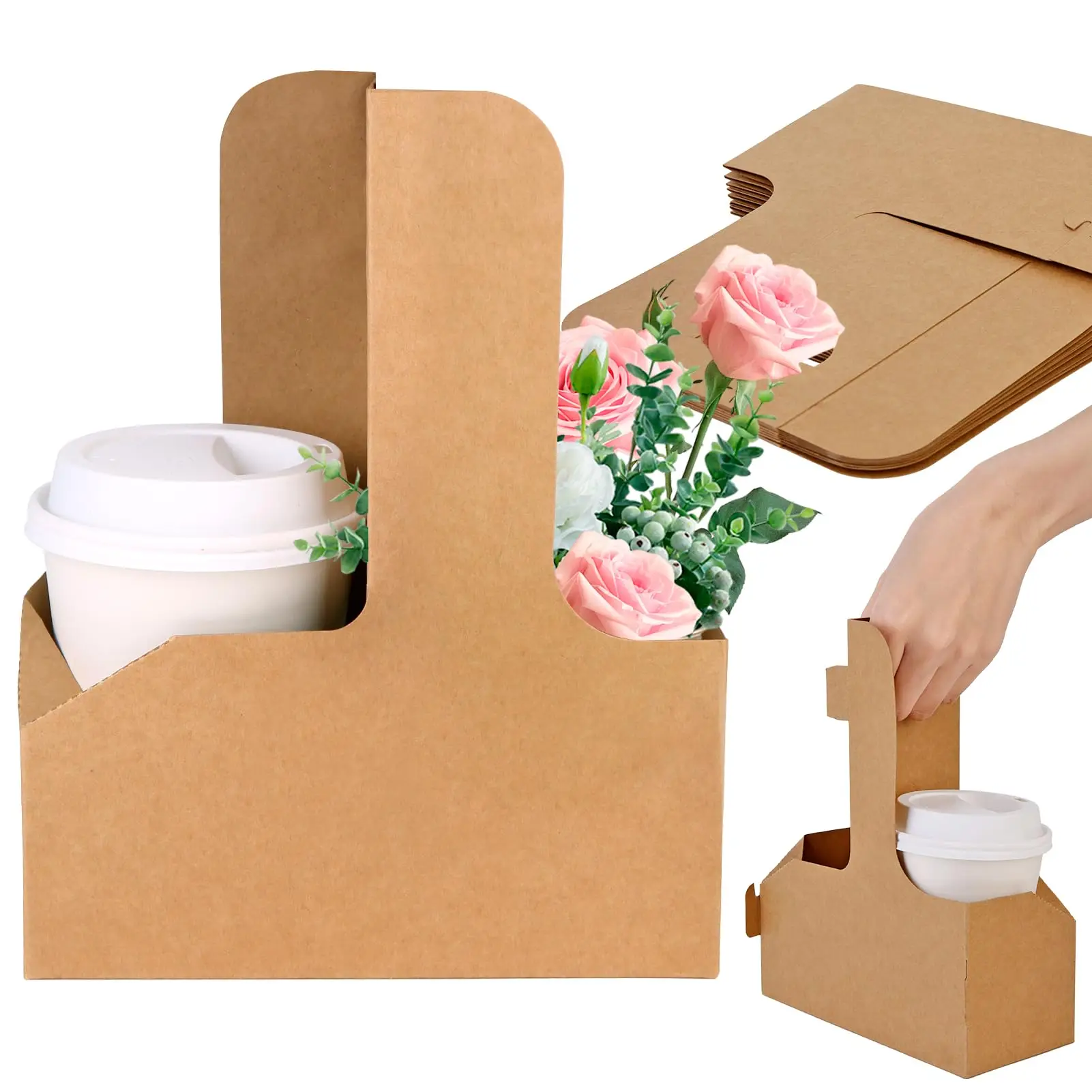 Drink Holder With Handle - Paper Cup Holder, Coffee Drink Holder Tray, Disposable Takeaway Cardboard Holder For Out