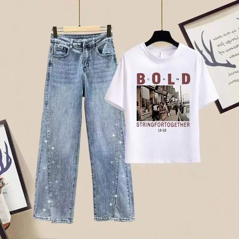 

Женский джинсовый костюм с широкими штанинами, повседневная облегающая футболка с коротким рукавом и принтом в Корейском стиле, комплект из двух предметов для весны и лета