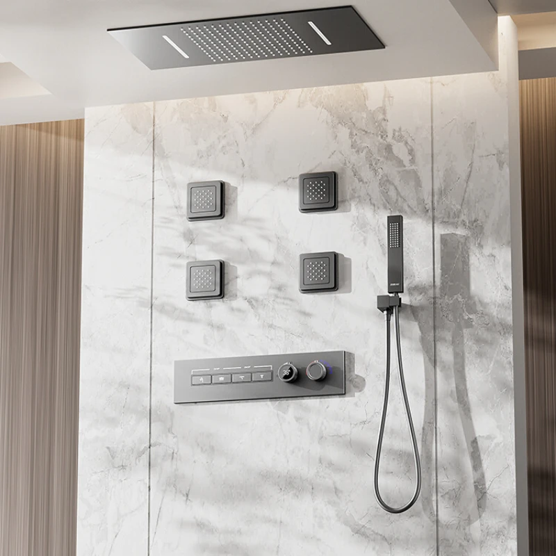 

ZB concealed shower constant temperature digital display all copper wall mounted shower set, waterfall minimalist embedded black