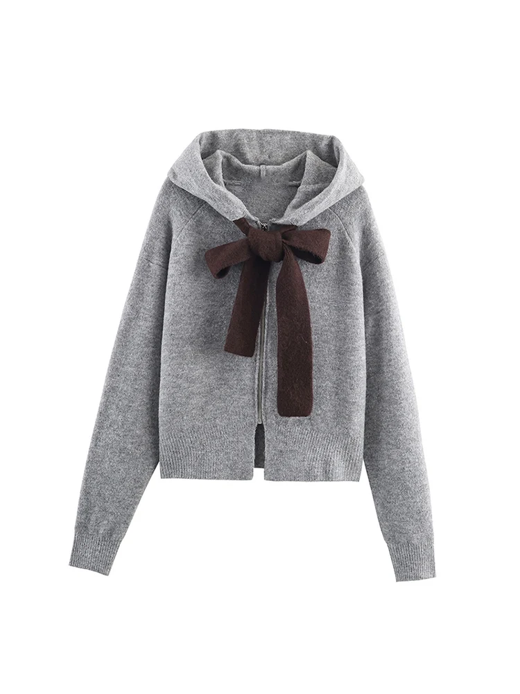 Winter Fashion Women Zipper Hooded Knitted Cardigan Solid Long Sleeved Sweater Chic Bow Decoration Sweet Ladies Knitwear New