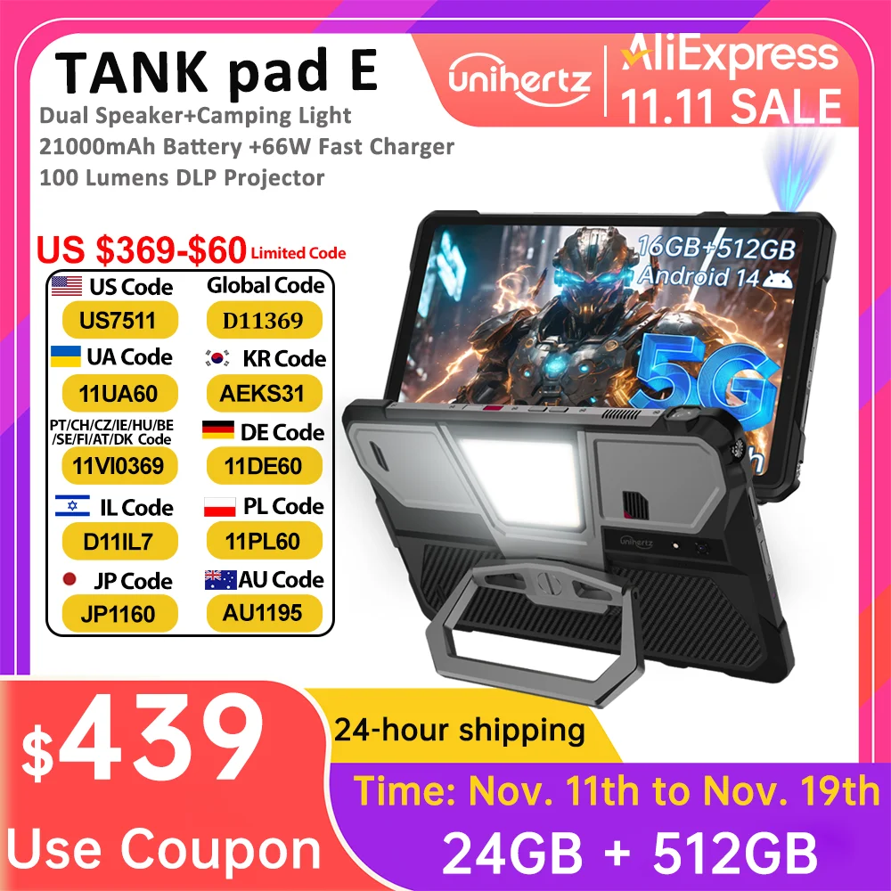 Unihertz Tank PAD by 8849 Rugged Projector Tablet 21000mAh 10.95" FHD Dimensity 8200 32GB+512GB Dual Speaker Tablet Phone Wifi