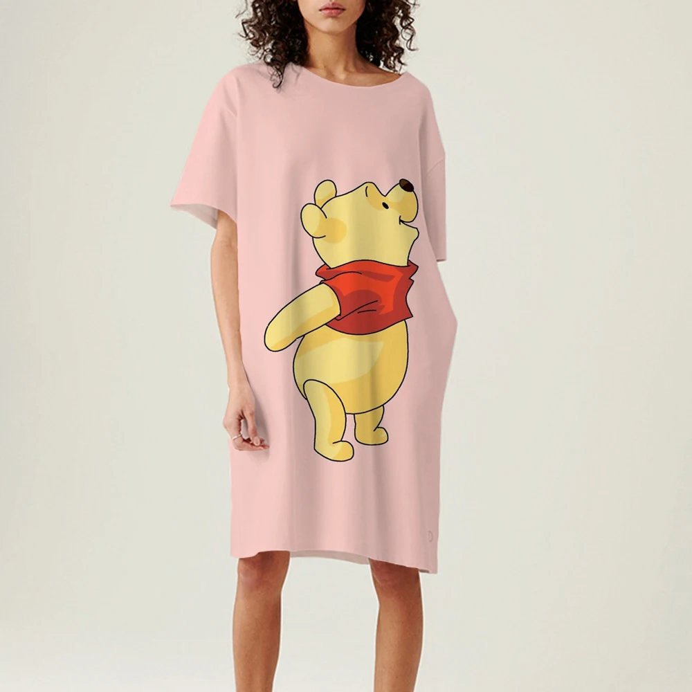 

Elegant Women Dress Summer Disney Winnie the Pooh Print O-Neck Short Sleeve Dress 2022 Fashion Female Loose Dresses Vestidos