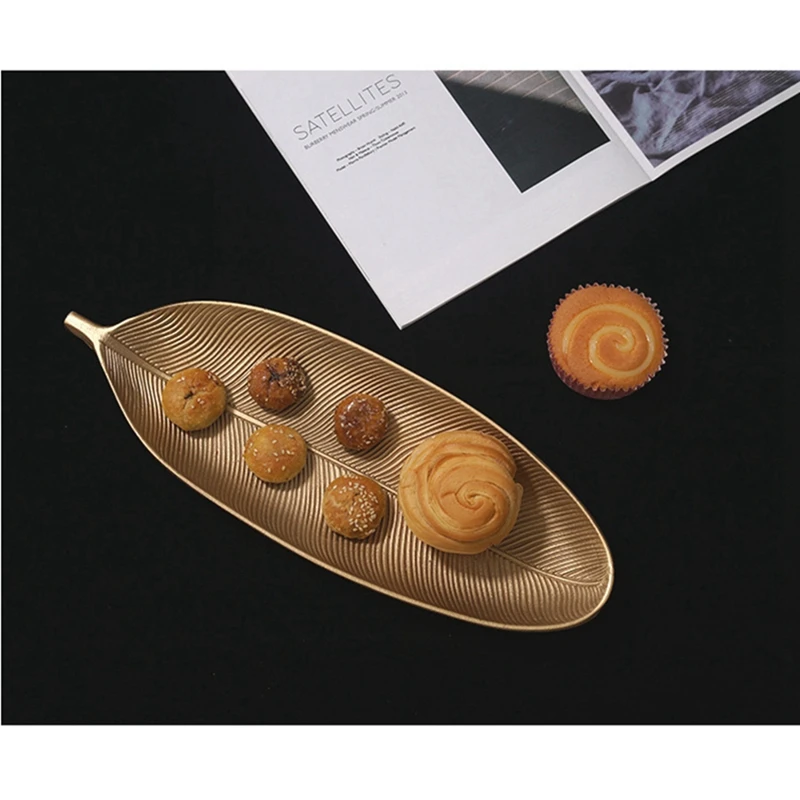 Nordic Decorative Tray Gold Leaves Shape Serving Tray Jewelry Pallet Fruit Snack Dish Table Storage Organizer (Small) 2