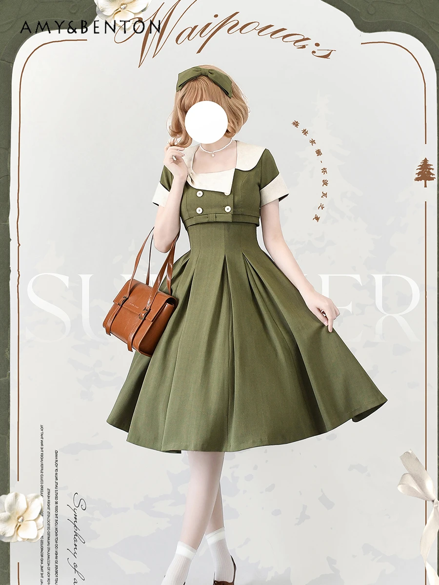 

Original Summer New French Elegance Classical Short Sleeve Dress Daily Retro Sweet Lolita Dress for Women Slim Mid-calf Dresses