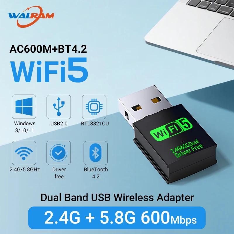 600Mbps USB WiFi5 블루투스 4.2 어댑터 듀얼 밴드 2.4G 5GHz USB Wi-Fi 5 네트워크 무선 Wlan 수신기 동글 드라이버 무료