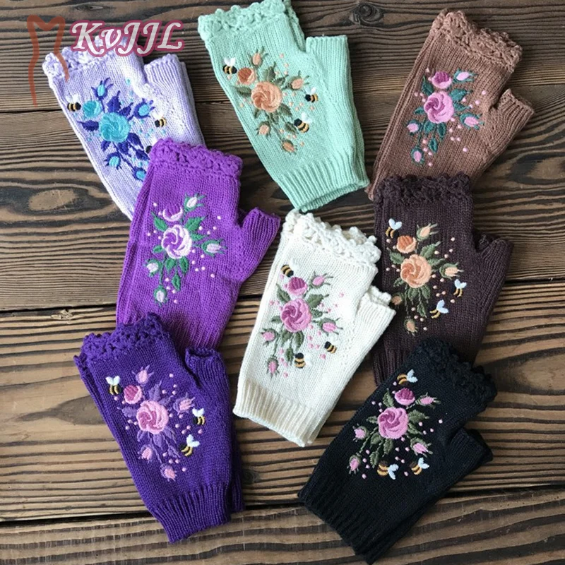 

Half Finger Gloves Women Knitted Fingerless Winter Gloves Soft Crochet Bee Knitting Faux Wool Fingerless Gloves Wrist Warmer