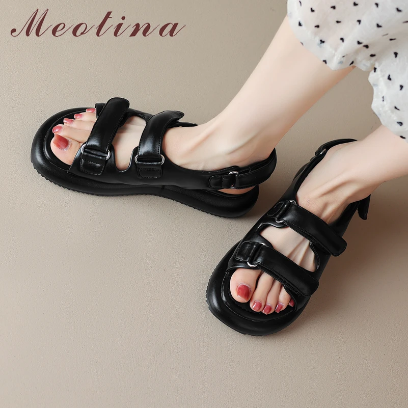 

Meotina Women Genuine Leather Sandals Round Toe Platform Flats Ladies Fashion Casual Shoes Summer Apricot Milk White Black 40