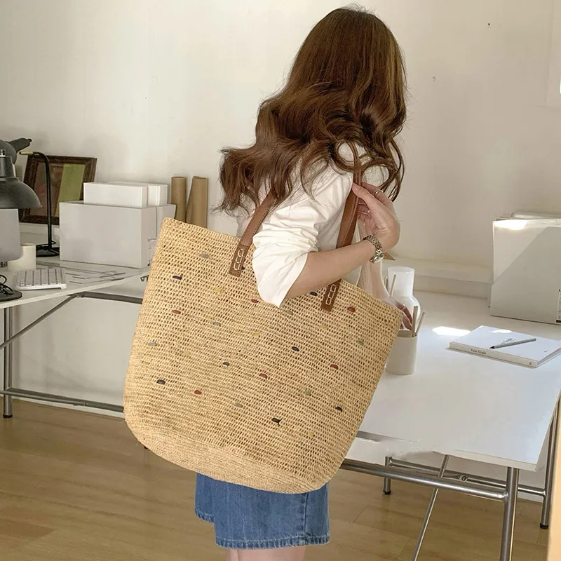 Handwoven Raffia straw tote Beach bag women handmade Casual large capacity summer beach woven handbag natrual 2025 new