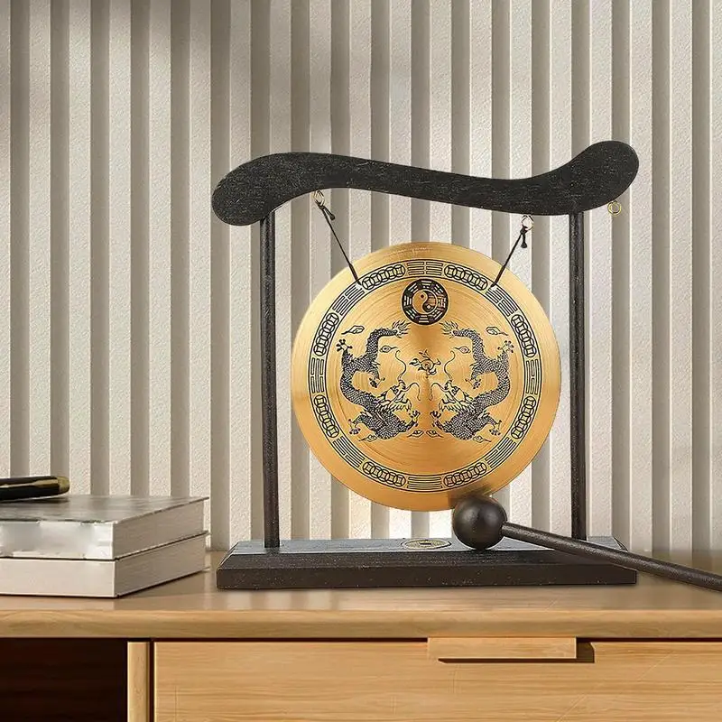 Feng Shui Gong Chinese Feng Shui Zen Gong Bell With Stand And Mallet Dragon With Taiji Symbols Desktop Retro Chime Table