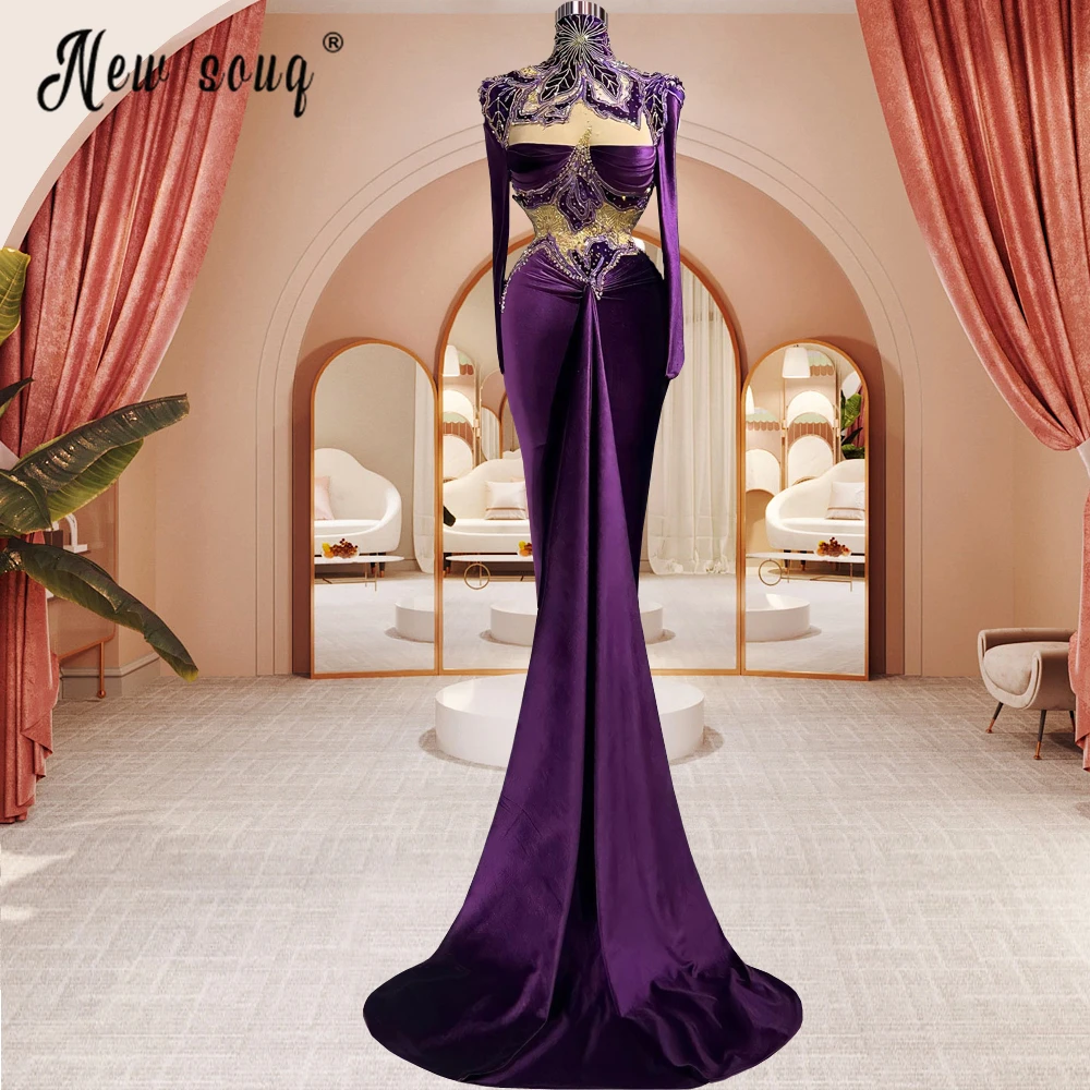 

Women Purple Velvet Elegant Long Evening Dress with Golden Beaded 3D Lace Appliqued Mermaid Celebrity Party Dress Winter Custom