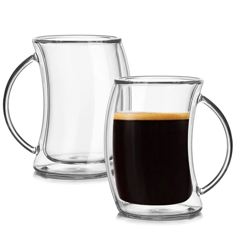 1 Piece 200ml Transparent Double Wall Glass Mug Cup with Handle Tilt Glass Coffee Mug Brief Simple Double Layer Cup