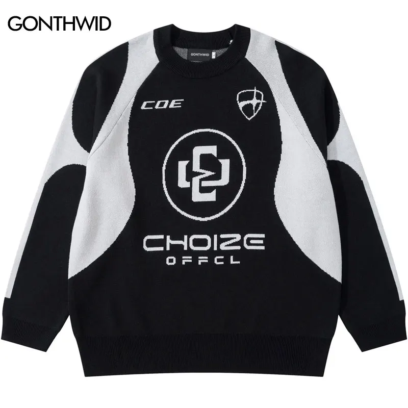 

Men Sport Sweater Y2K Hip Hop Knitted Retro Letter Graphic Patchwork Jumper Streetwear 2023 Harajuku Fashion Loose Pullovers