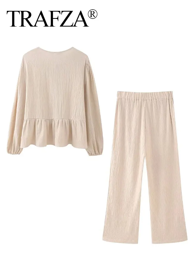 TRAFZA Shirts Pant Sets For Women Elegant Solid Long Sleeve O-Neck Lace Up Blouse Loose Trousers Suit 2024 Spring Casual Outfit