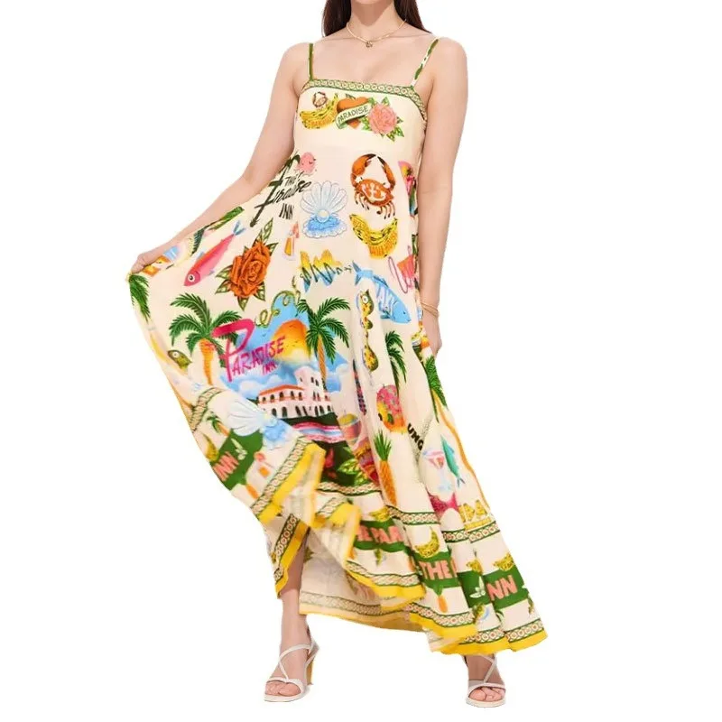 

Summer New Sleeveless Collarless High Waist Printed Painted Women's Dress with Large Hem Hanging Strap