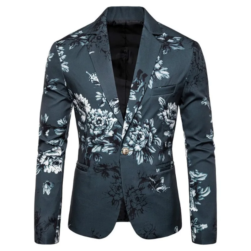 Mens Floral Print Blazer Jacket Korean Trend Streetwear Hip Hop Casual Suit Male Slim Fit Blazers Masculino Homme Coat