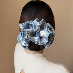 Black and White Plaid Ruffled Scrunchie - Stylish Women's Hair Accessory (Blue)