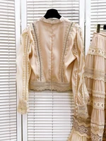 طقم مكشكش مطرز للنساء ، كم طويل ، علوي قائم ، تنورات بخصر مرتفع ، أطقم نسائية ، جديد ، ربيع ، سادة ، 3WQ9865 1