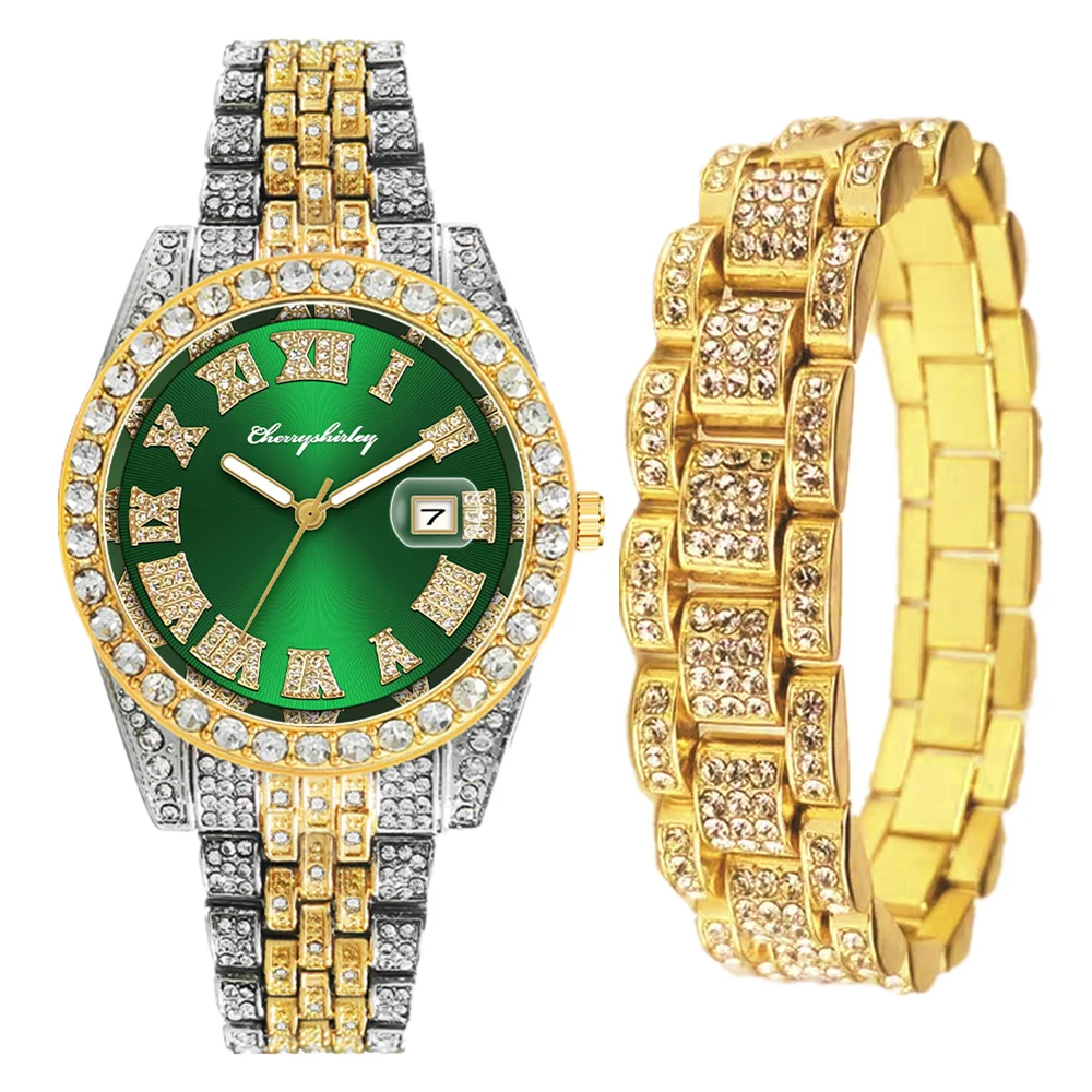 2pcs Full Iced Out Watches Mens Bracelet Bling Bling Watch Jewelry for Men Gold Watch Hip Hop Jewelry Men Watch Set Clocks Reloj