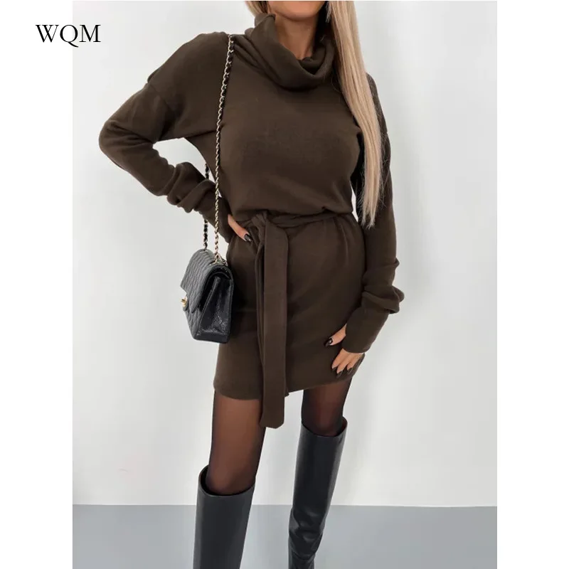 

WQM New Autumn and Winter Fashion Dress Simple Solid High Neck Belt Long Sleeve Temperament Commuter Casual Pullover Women's