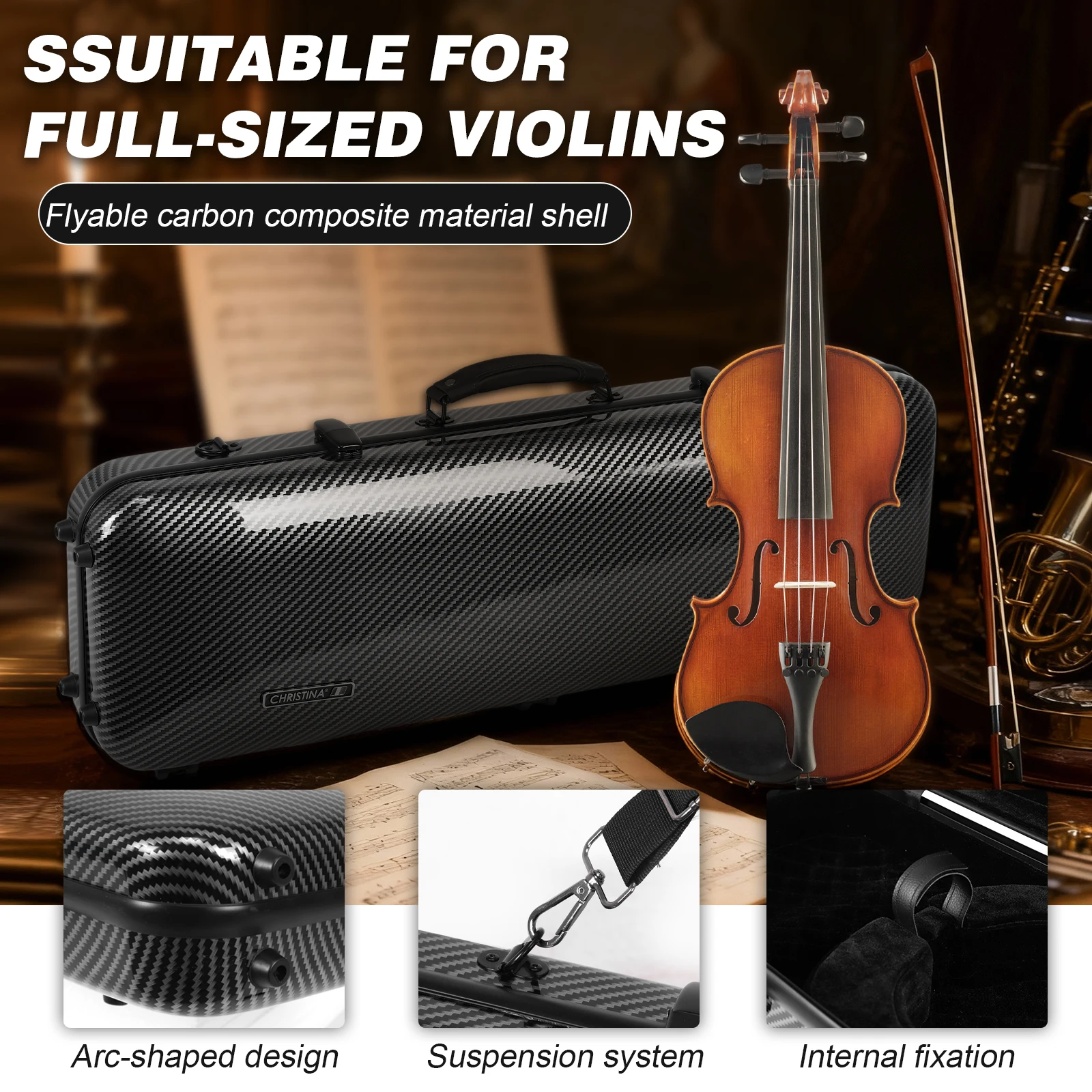 4/4 Full Size Violin Hard Case with Password Lock Rectangle Black Violin Storage Box Carbon Composite Violin Protection Box