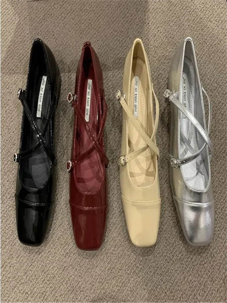 Spring Square Toe Ballet Shoes Fashion Low Heel Mary Jane Shoes Casaul Silver Cross Buckle Shallow Soft Sole Shoes