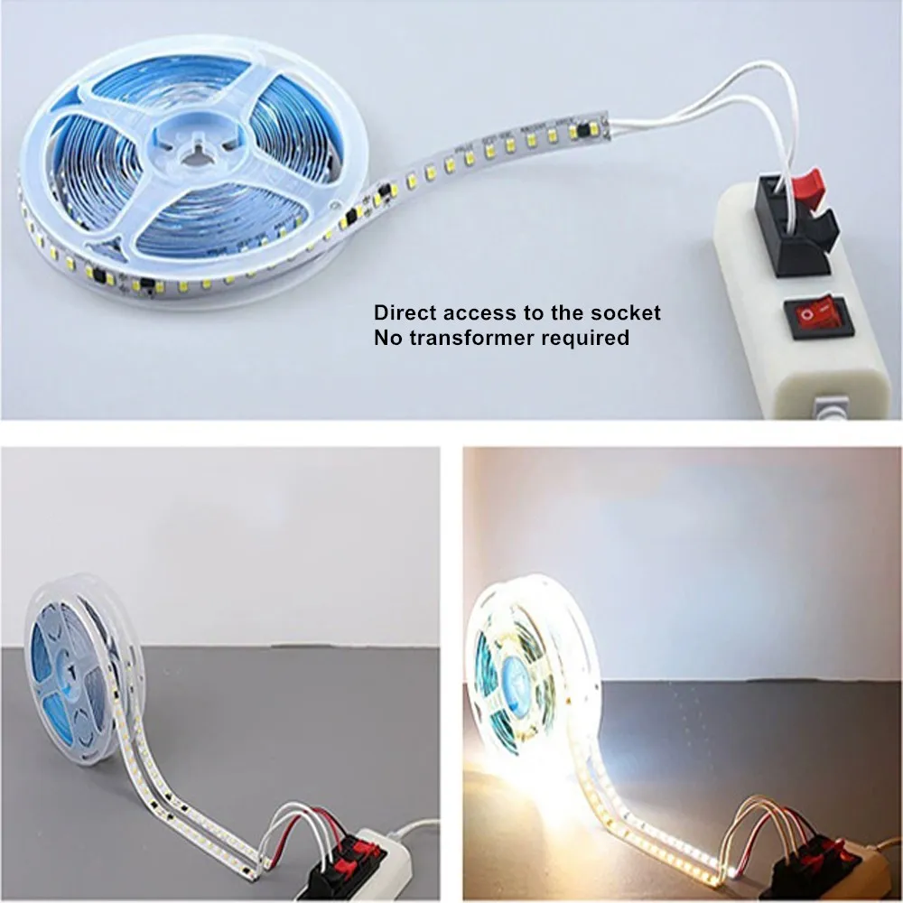 2835 120/240 LED 스트립 조명, AC 220 V  230V, 5M 램프, 220 V, 220 볼트 다이오드 테이프, 유연한 소프트 램프, 바 홈