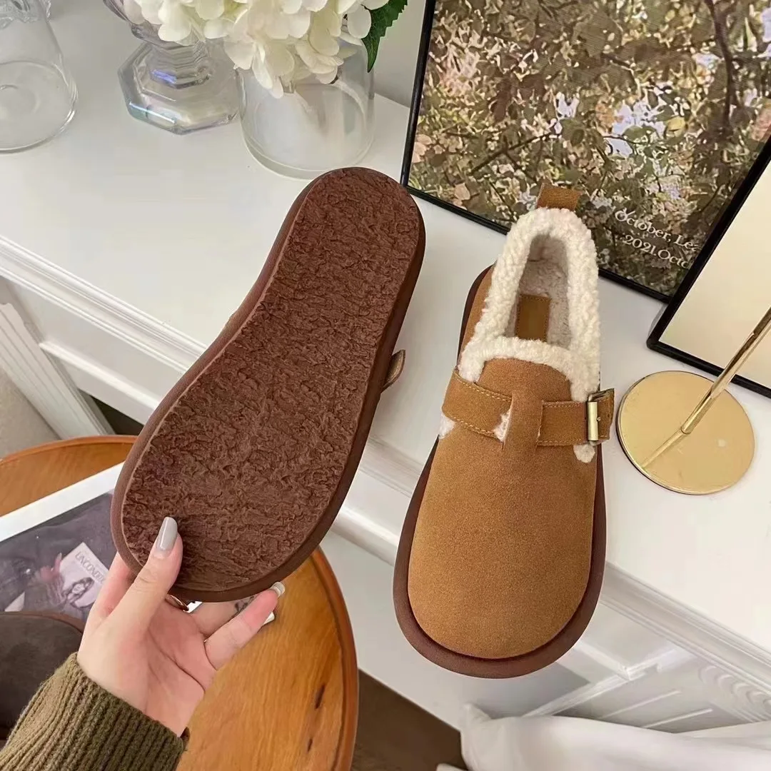 New Women's Fleece Shoes Winter Warm Snow Boots Thick Sole Round Head Comfort Cotton Shoes Casual Bean Loafers Urban