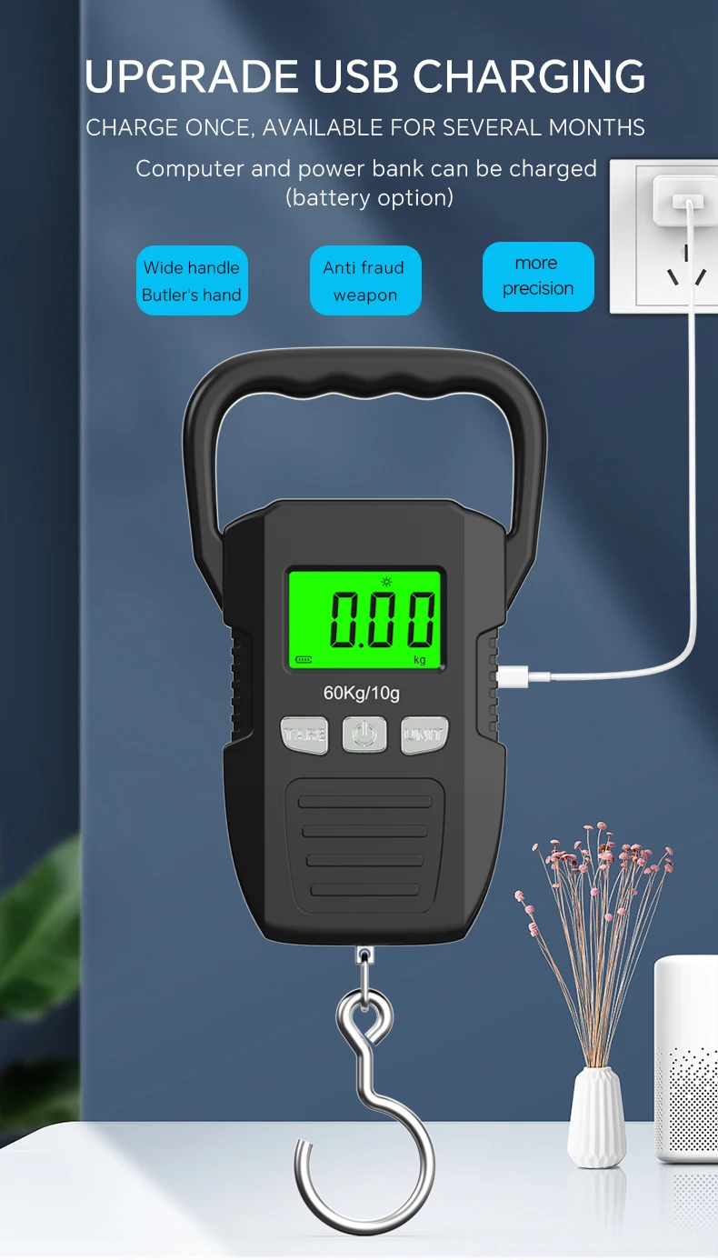 Description Picture 2 of itemPortable Digital Hanging Scale LCD Dsiplay USB Recharge Hook Scales Courier Hunting Luggage Home Weighing Balance Tools 60kg/10g