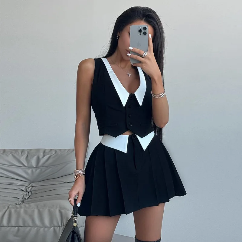Summer Sexy 2 Piece-Set Skirt Female 2025 V-Neck Sleeveless Vestidos And High Waist Pleated Skirts Sets Women's Clothes