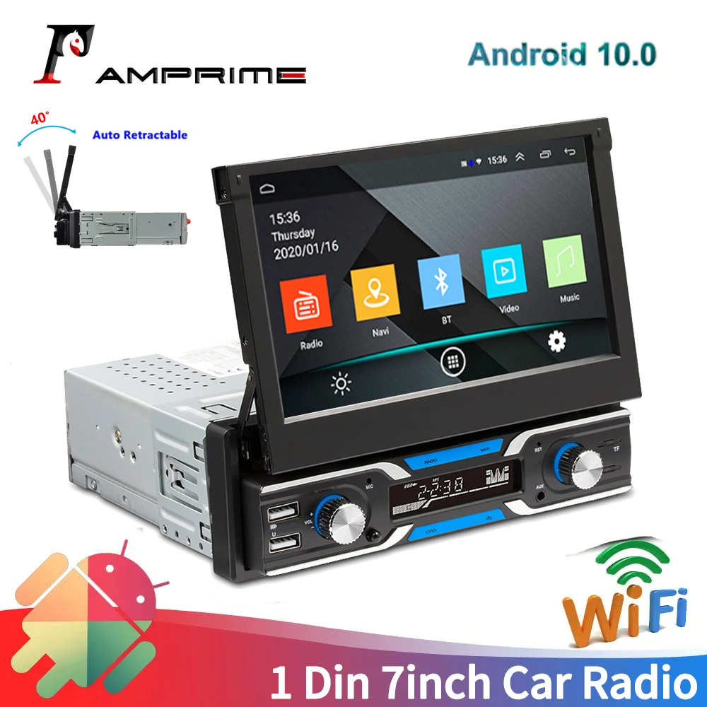 AMPrime 1 Din Android 10 Car Radio Autoradio 7'' HD Auto Retractable  Universal Mulitmedia Player Audio Stereo GPS Navigation - AliExpress