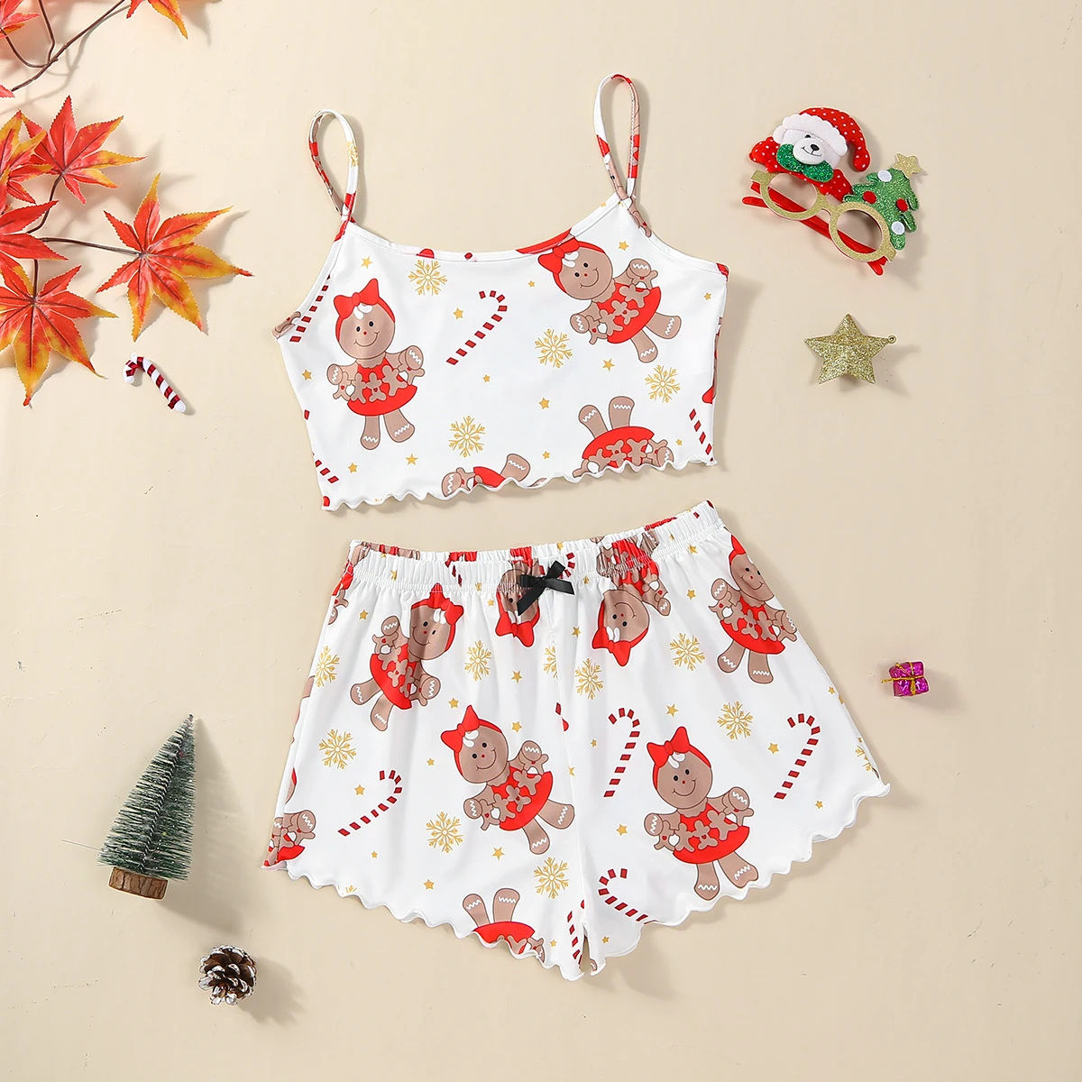 

New Christmas Theme Print Women's Camisole Top Shorts Loungewear Set Autumn and Winter Women's Pajamas Free Shipping