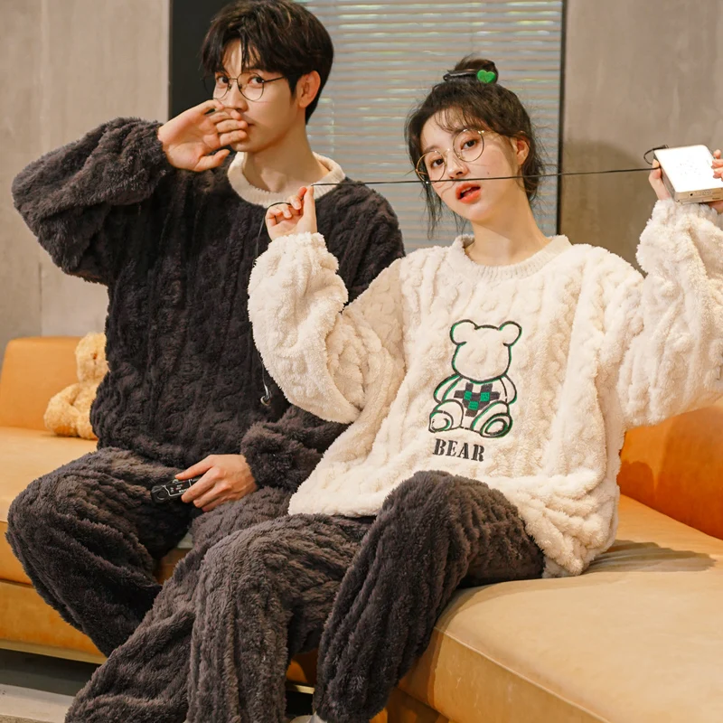 Couple Winter Flannel Pajamas Women's Coral Fleece Long Sleeves Thicken Men's Pijamas set Korean Fashion Loungewear For Lover