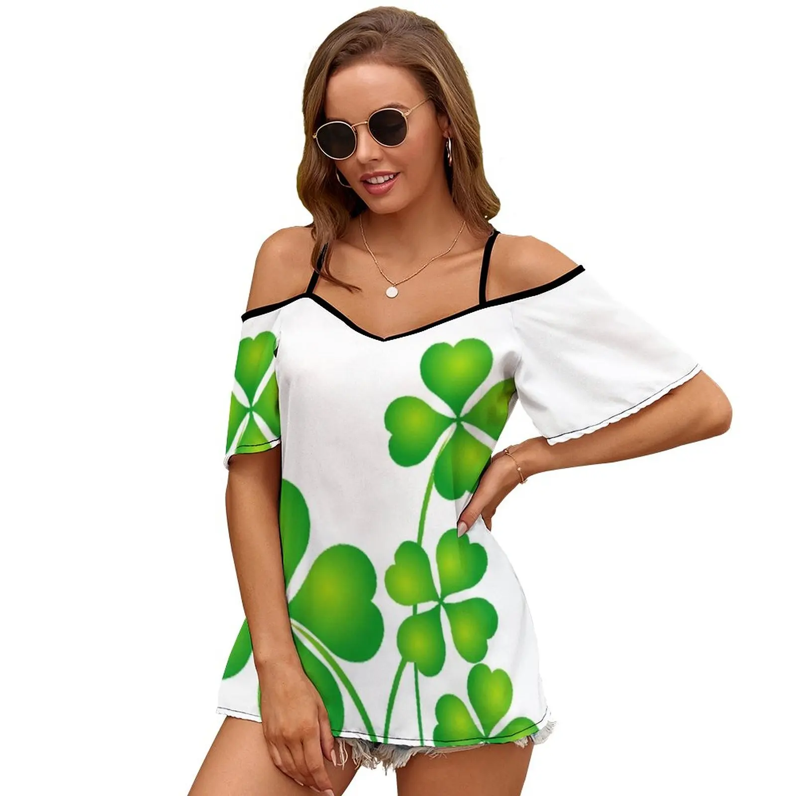 

Shamrocks Print O-Neck Off-The-Shoulder Top Short-Sleeved T-Shirt Ladies Streetwear Clover Shamrock St Patricks Day Holiday