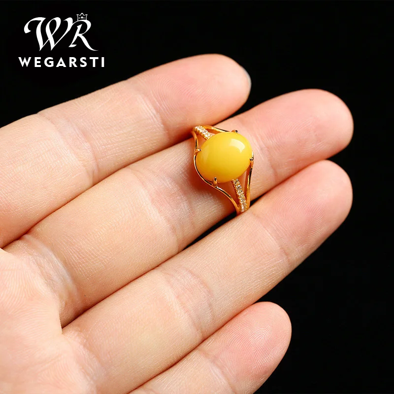 WEGARASTI Silver New Jewelry Rings for Women Fine Jewelry Natural Yellow Amber Ring Adjustable Size Wedding Gift