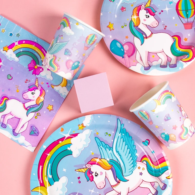 Regenbogen Einhorn Partyzubehör Einhorn Dekoration Pappteller Tasse Geschenktüte Kuchenaufsatz für Babyparty Mädchen Geburtstag Parry Dekor – Detail 6