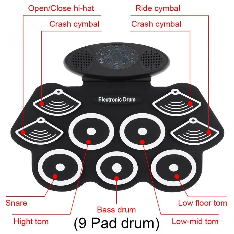 Electronic Drums 9 Pads Electronic Roll up Drum Thicken Silicone Double Speakers Stereo Electric Drum Kit