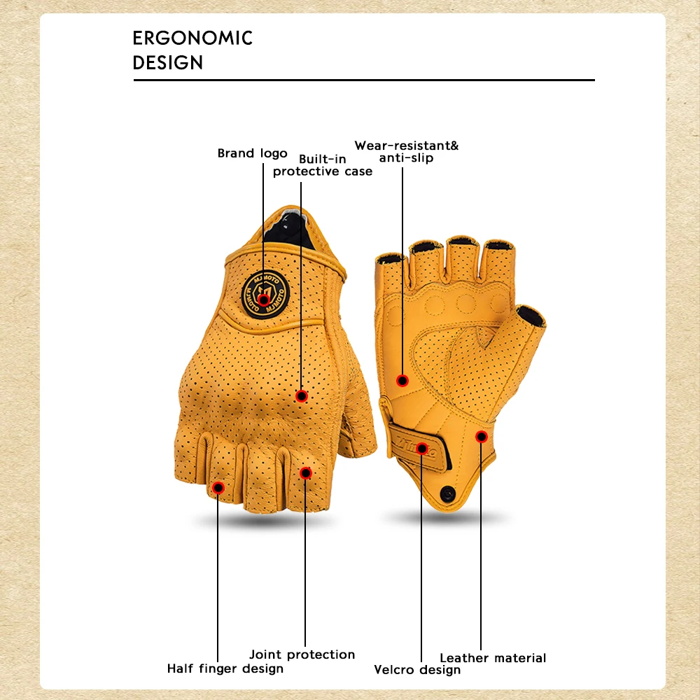 Vintage-Style Yellow Leather Fingerless Motorcycle Gloves