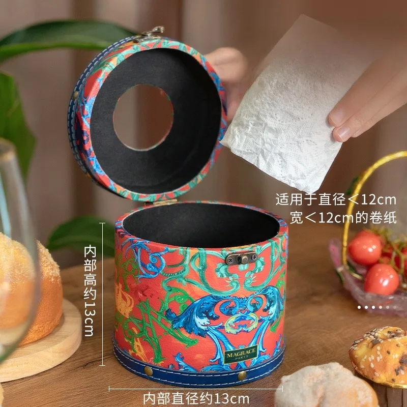 Creative Circular Leather Roll Paper Tube Restaurant Desktop Tissue Bucket Bathroom Tissue Storage Box 3
