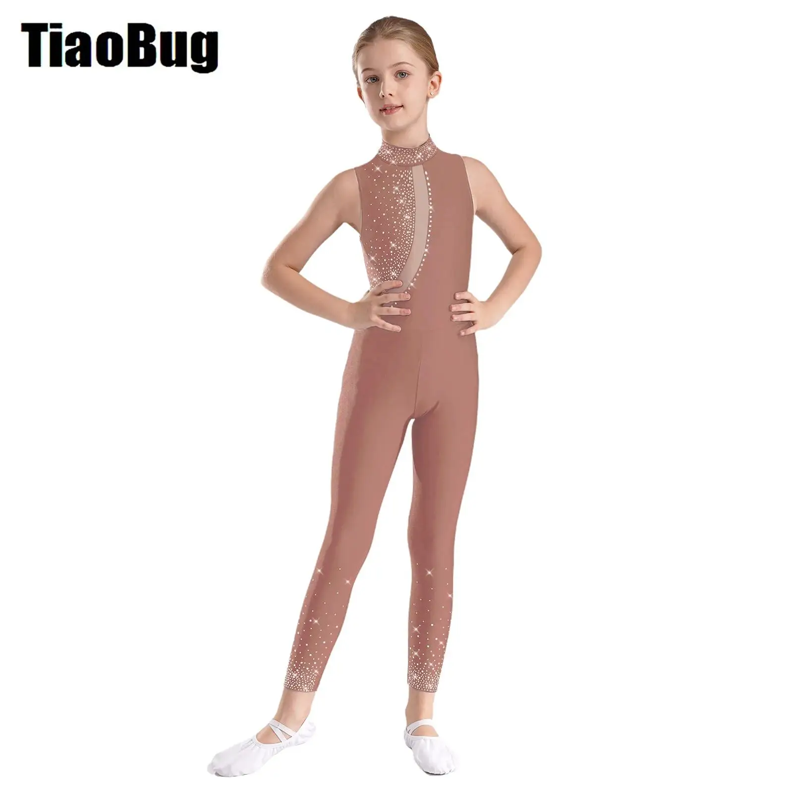 Girls Figure Skating Leotard Mock Neck Sheer Mesh Patchwork Sleeveless Cutout Back Dance Bodysuit for Gymnastics Ballet Leotard Dance Leotard