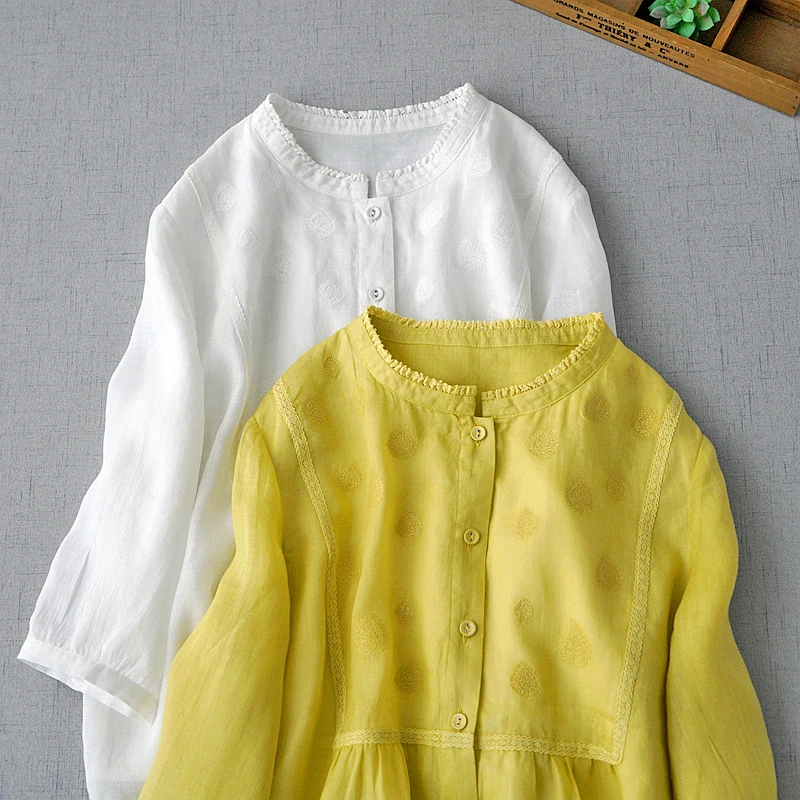 

106cm Bust, 59cm Length / Spring Summer Women Yellow White Loose Embroidered Comfy Water Washed Thin Light Ramie Shirts/Blouses