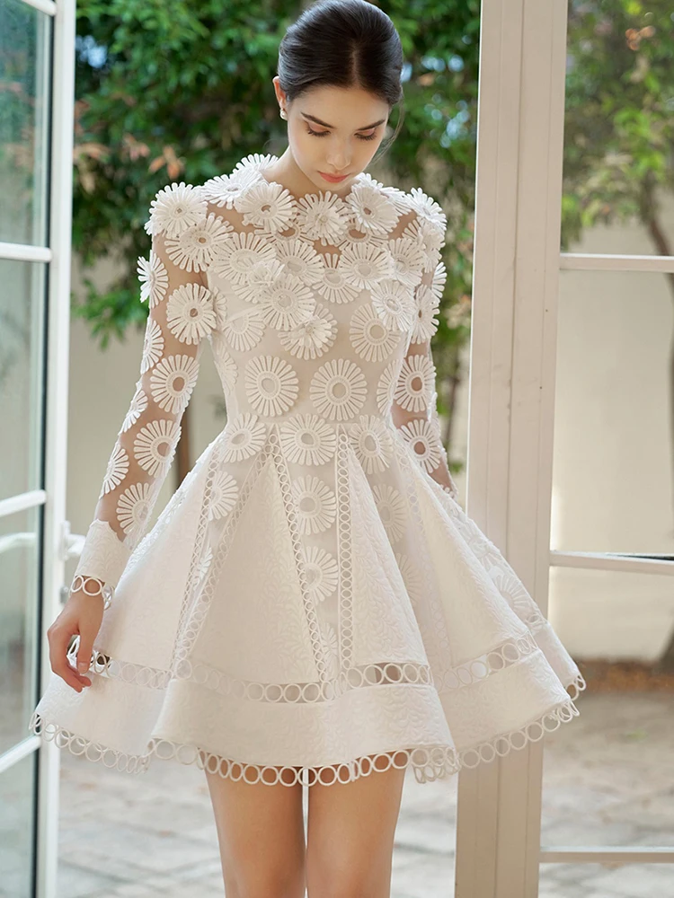 DEAT Elegant Dress Thin Gauze 3D Flower Patchwork Hollow Out A