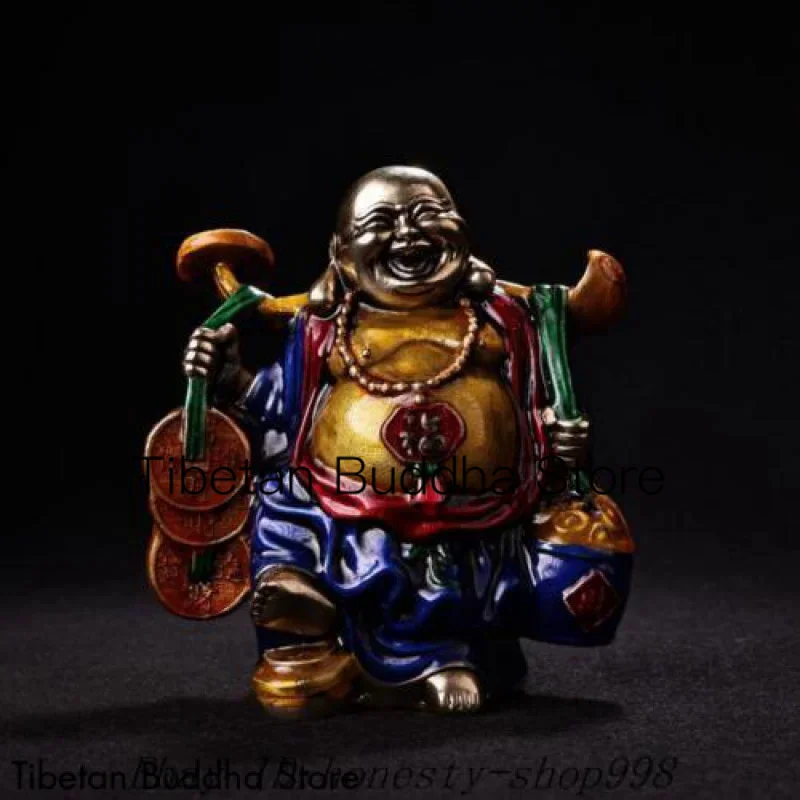 

6.8"China Ancient bronze Cloisonne wealth Lucky ruyi coin Maitreya Buddha statue