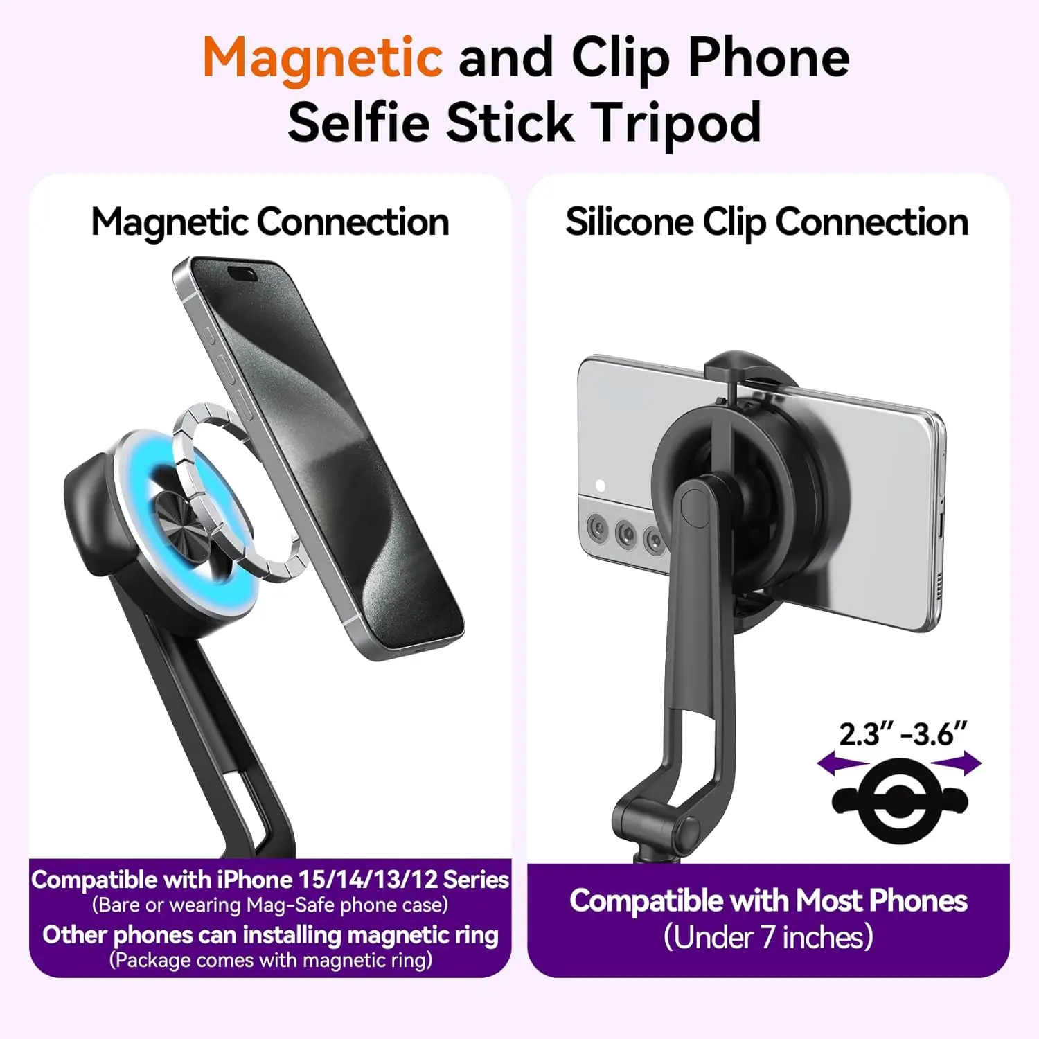Magnetic Selfie Stick Extendable Phone Tripod Stand Portable Phone Tripod for All Cell Phones for Selfie/Photo/Live/Vlog