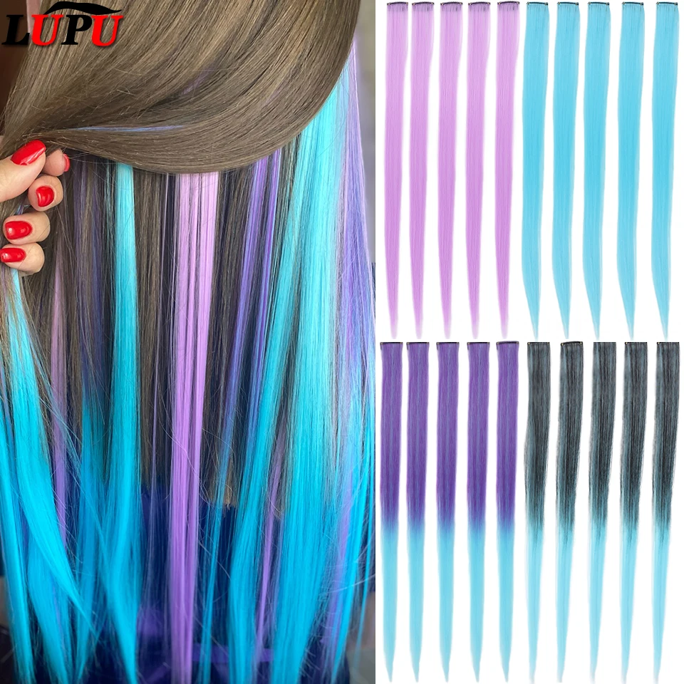 LUPU Synthetic Hair Extensions With Clips Heat Resistant Hair Extension Ombre Colorful Rainbow Hairpiece For Women Fake Hair