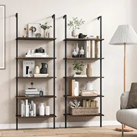 5-Tier Bookshelf, Modern Wall Mounted Ladder Shelf, 5 Tiers Wood Open Bookcase w/Metal Frame, Home Office Display Rack 1