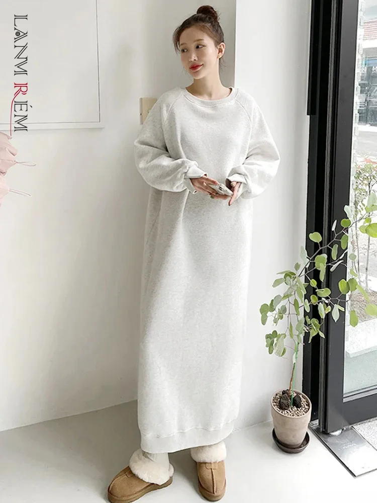 

LANMREM Casual Thick Long Dress Women Round Neck Loose Versatile Solid Color Dresses Fashion 2024 Spring New Clothing 2AA4631
