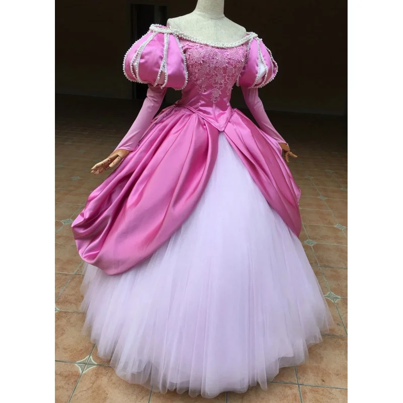 

Top Quality Princess Cosplay Costume Ariel Pink Dress Long Sleeve With Pearl Lace UP Dress For Adult Women Halloween Party