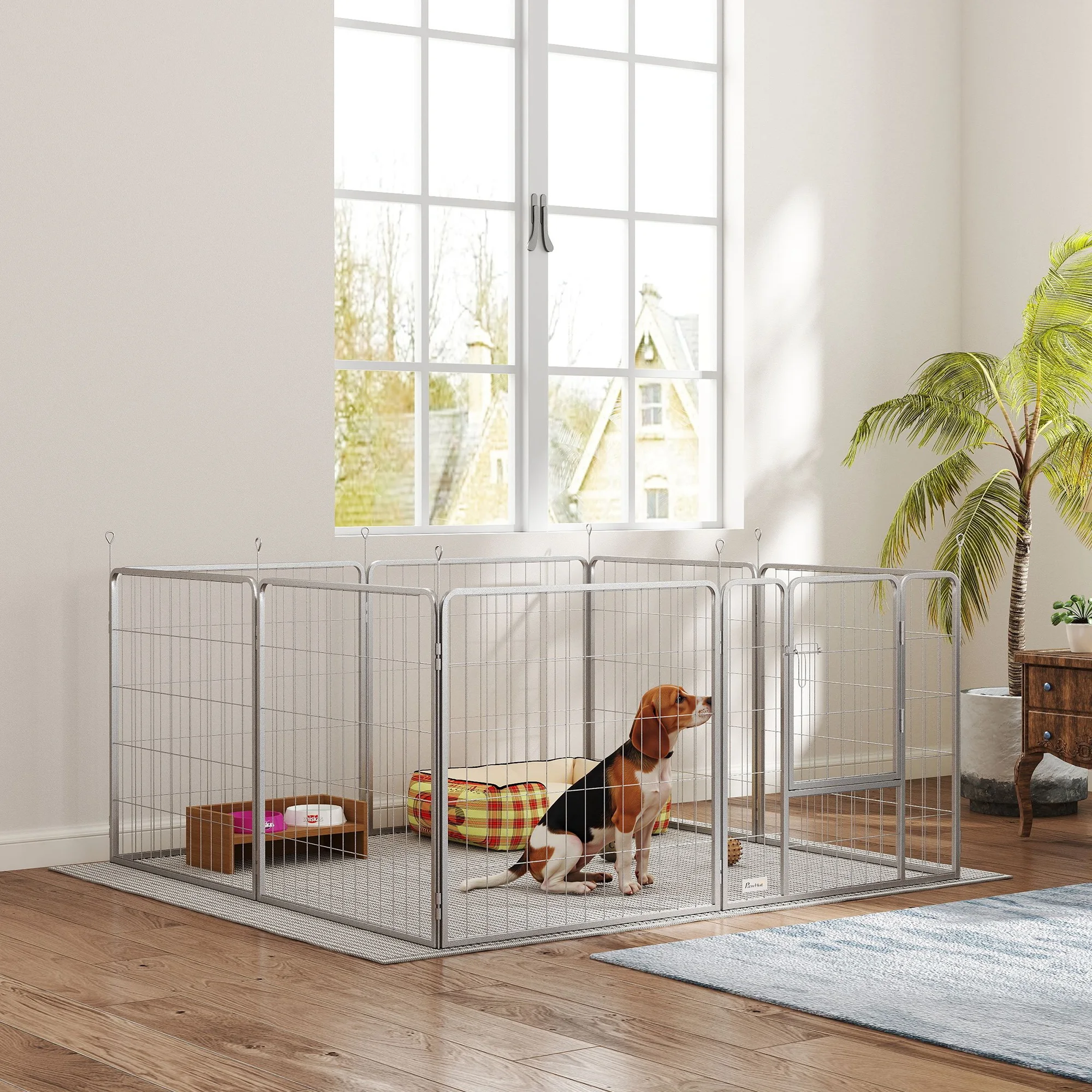 8-teiliger Welpenauslauf, 80 cm hoch, mit Tür und Gurt, aus silbernem Stahl, für kleine bis mittelgroße Hunde, Kaninchen und Meerschweinchen – Detail 7